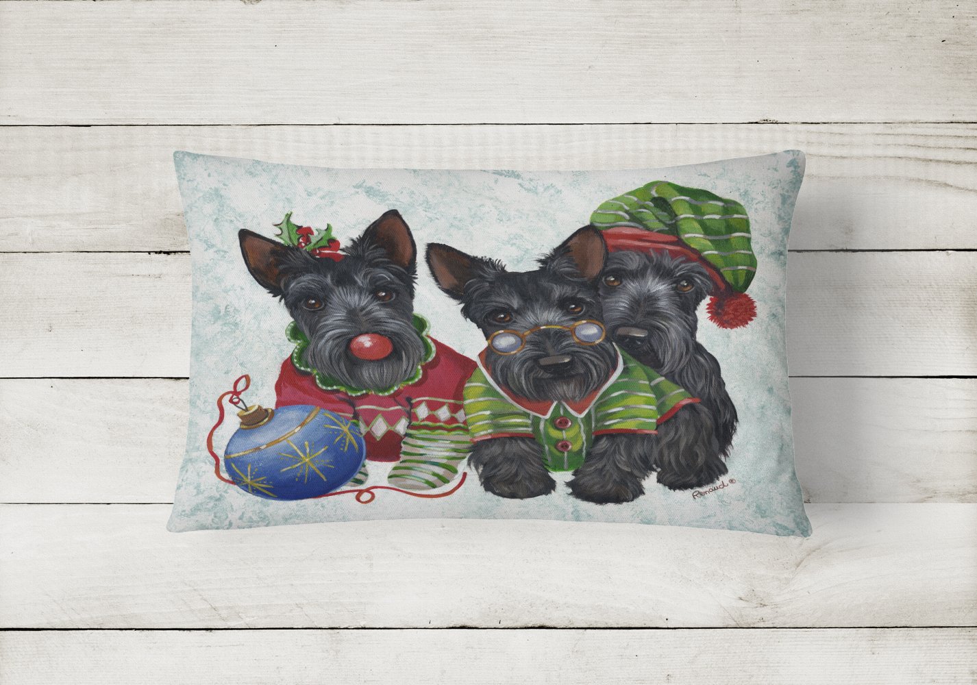 Buy this Scottish Terrier Christmas Elves Canvas Fabric Decorative Pillow PPP3270PW1216