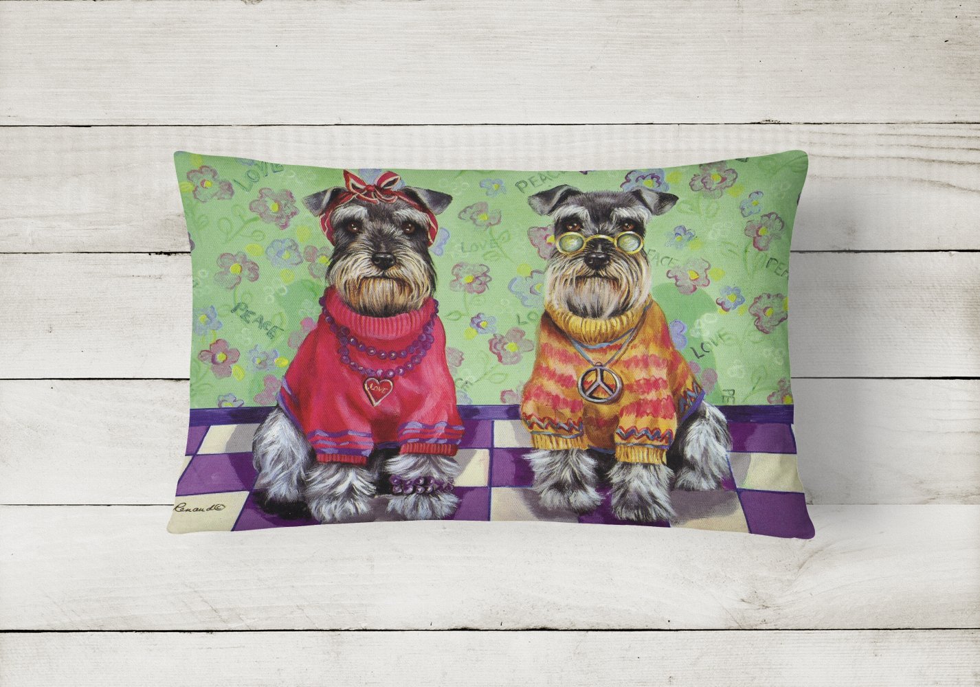 Buy this Schnauzer Love and Peace Canvas Fabric Decorative Pillow PPP3333PW1216