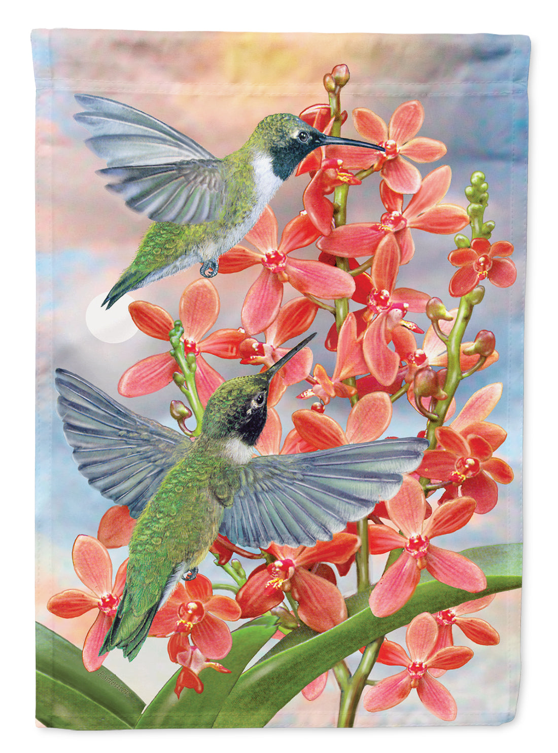Black Chinned Hummingbirds Orchids Flag Canvas House Size PRS4020CHF