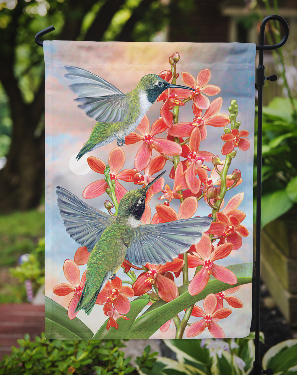 Black Chinned Hummingbirds Orchids Flag Garden Size PRS4020GF