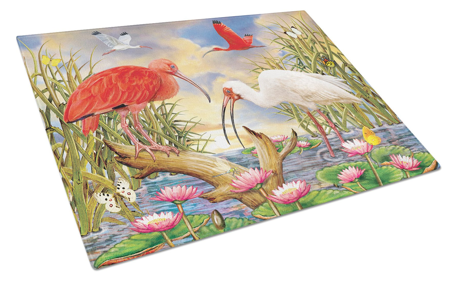 Scarlet And White Ibis Glass Cutting Board Large PRS4033LCB by Caroline's Treasures