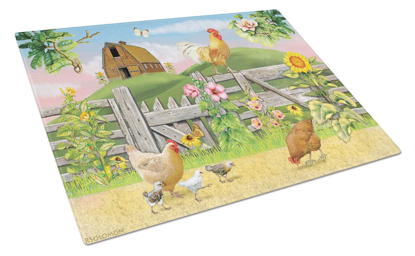 Rooster On Fence Glass Cutting Board Large PRS4037LCB by Caroline's Treasures