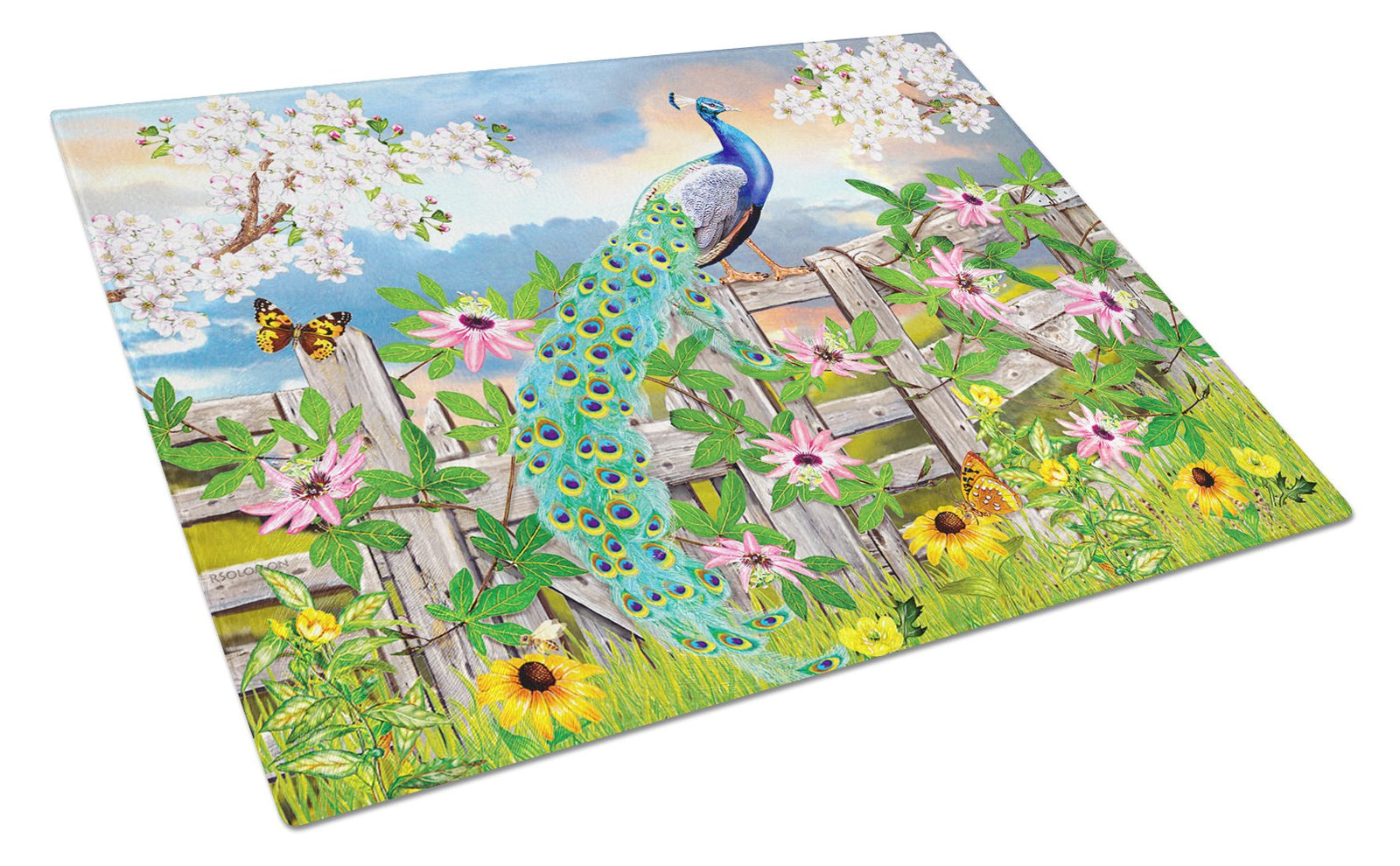 Peacock on Garden Fence Glass Cutting Board Large PRS4042LCB by Caroline's Treasures