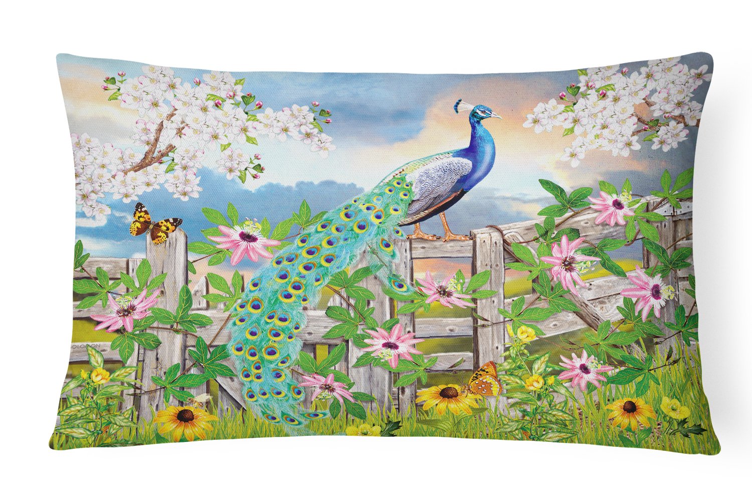 Peacock on Garden Fence Canvas Fabric Decorative Pillow PRS4042PW1216 by Caroline's Treasures