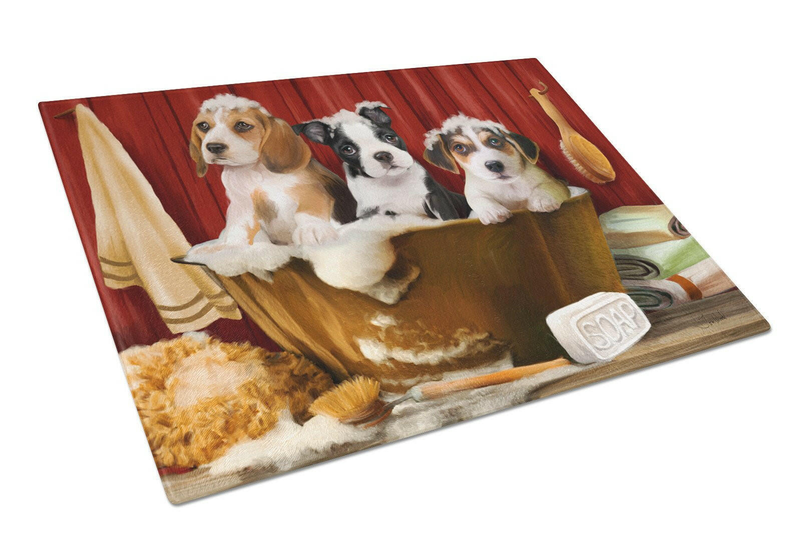 Beagle, Boston Terrier and Jack Russel in the Tub Glass Cutting Board Large PTW2047LCB by Caroline's Treasures