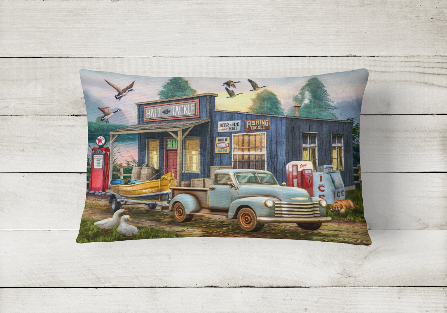 Early Bird Catches the Fish Bait Shop Canvas Fabric Decorative Pillow PTW2065PW1216 by Caroline's Treasures