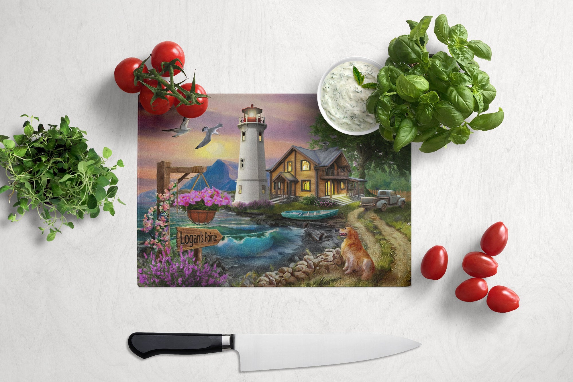 Logan's Pointe Lighthouse Golden Retriever Glass Cutting Board Large PTW2070LCB by Caroline's Treasures