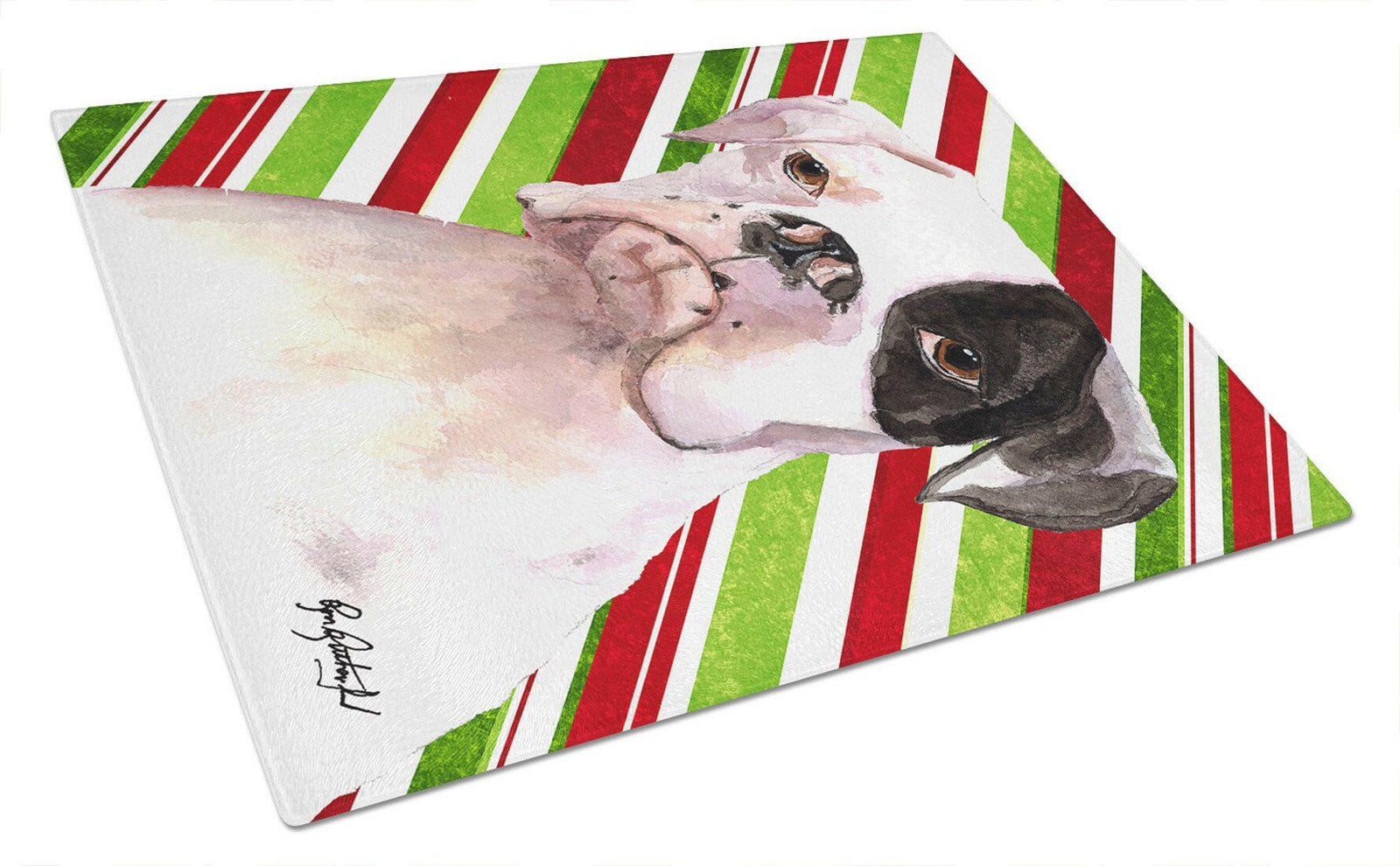 Cooper Candy Stripe Boxer Christmas Glass Cutting Board Large by Caroline's Treasures