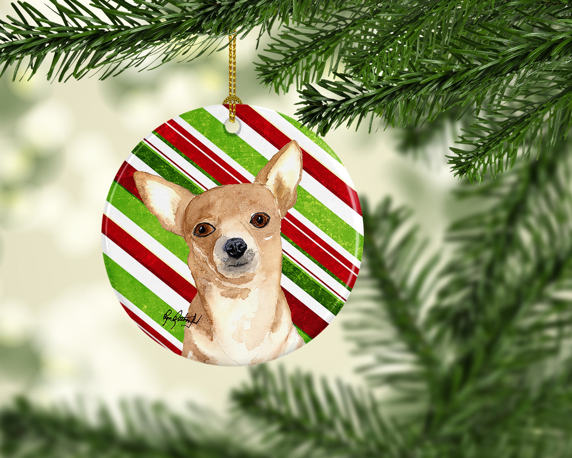 Candy Stripe Chihuahua Christmas Ceramic Ornament - the-store.com