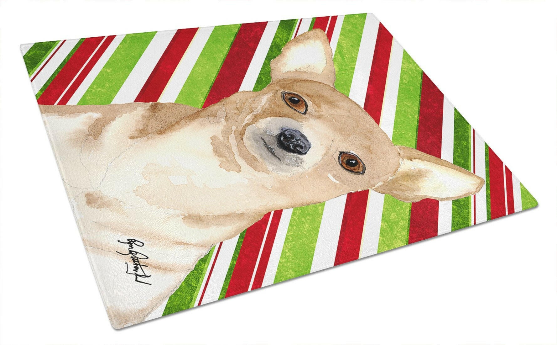 Candy Stripe Chihuahua Christmas Glass Cutting Board Large by Caroline's Treasures