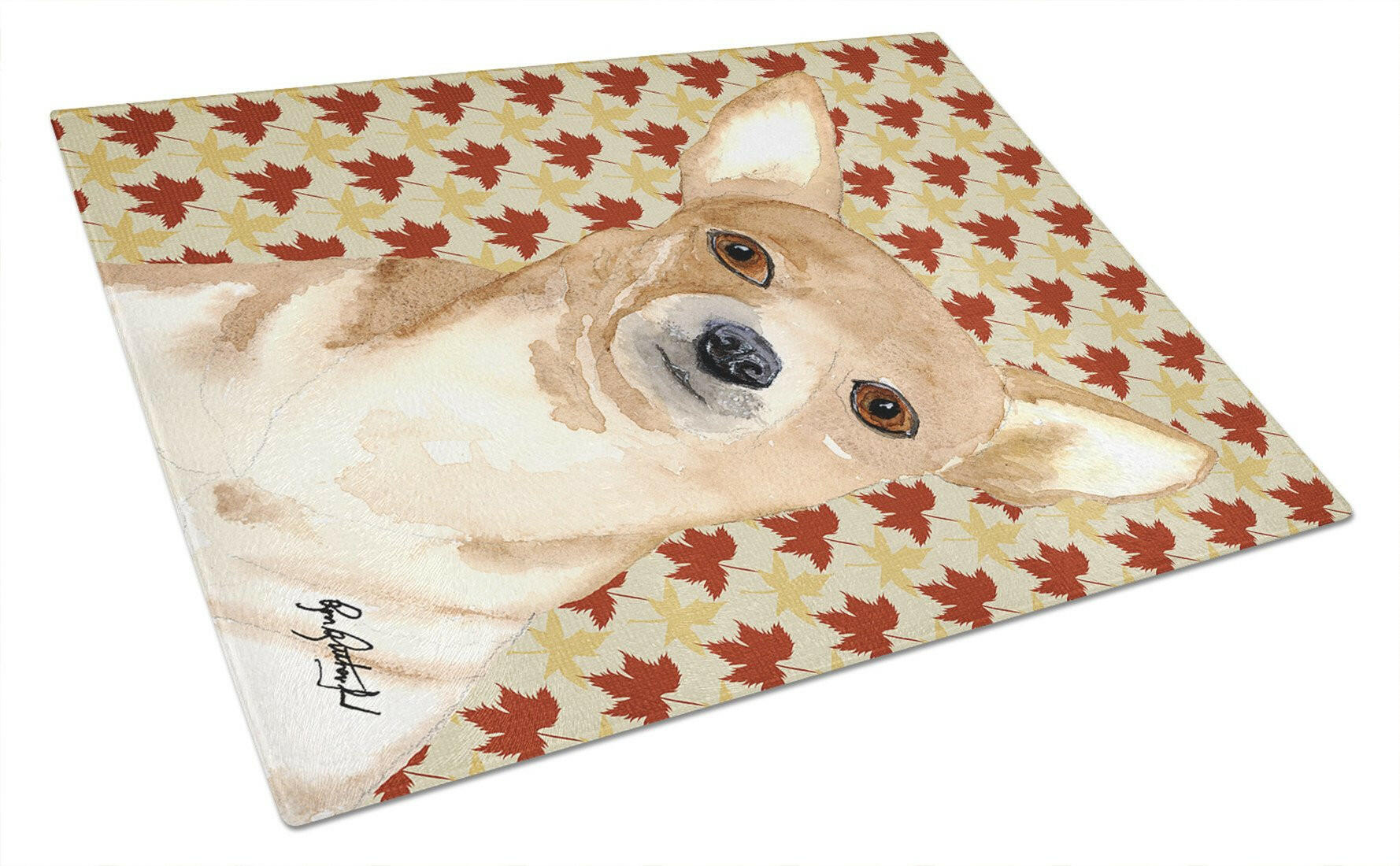 Chihuahua Fall Leaves Glass Cutting Board Large by Caroline's Treasures