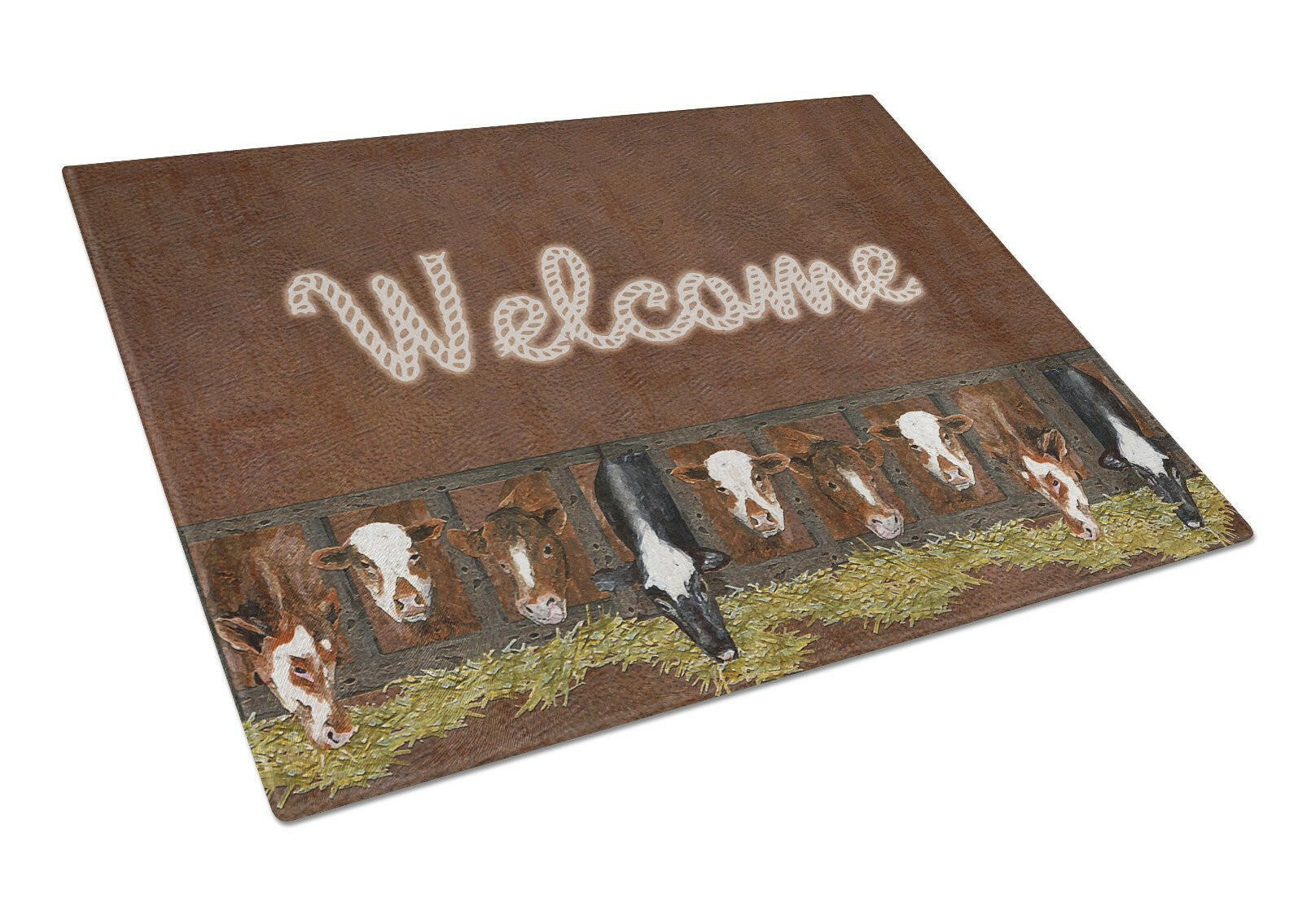 Welcome Mat with Cows Glass Cutting Board Large Size SB3058LCB by Caroline's Treasures