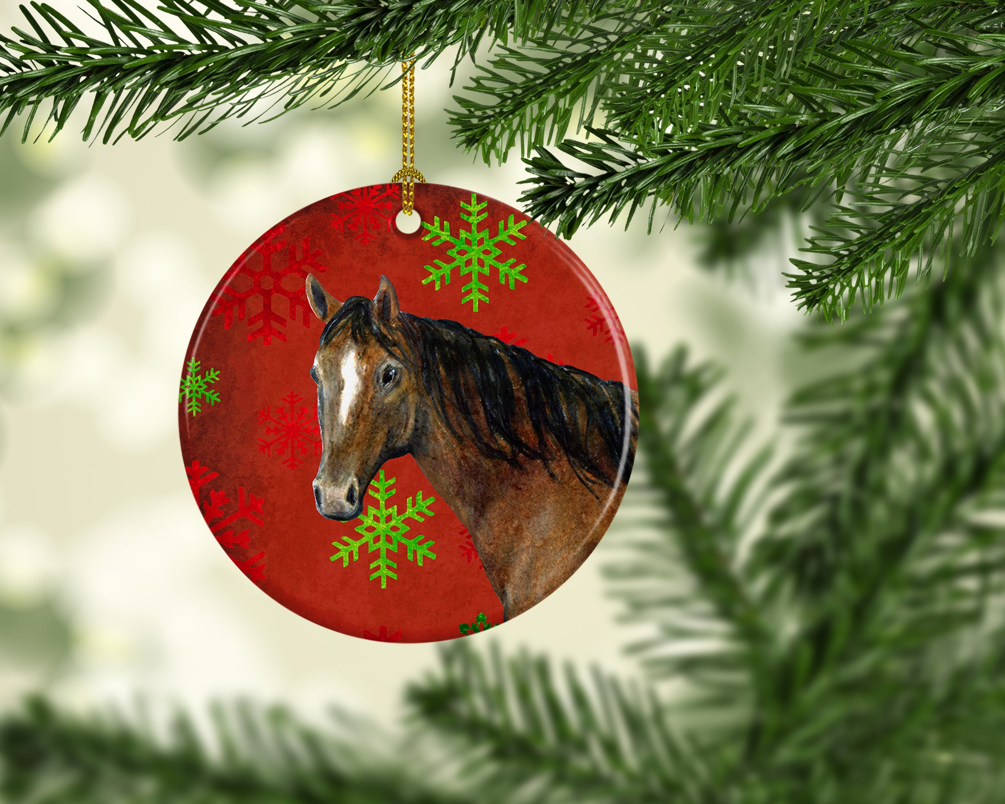Horse Red Snowflakes Holiday Christmas Ceramic Ornament SB3121CO1 - the-store.com