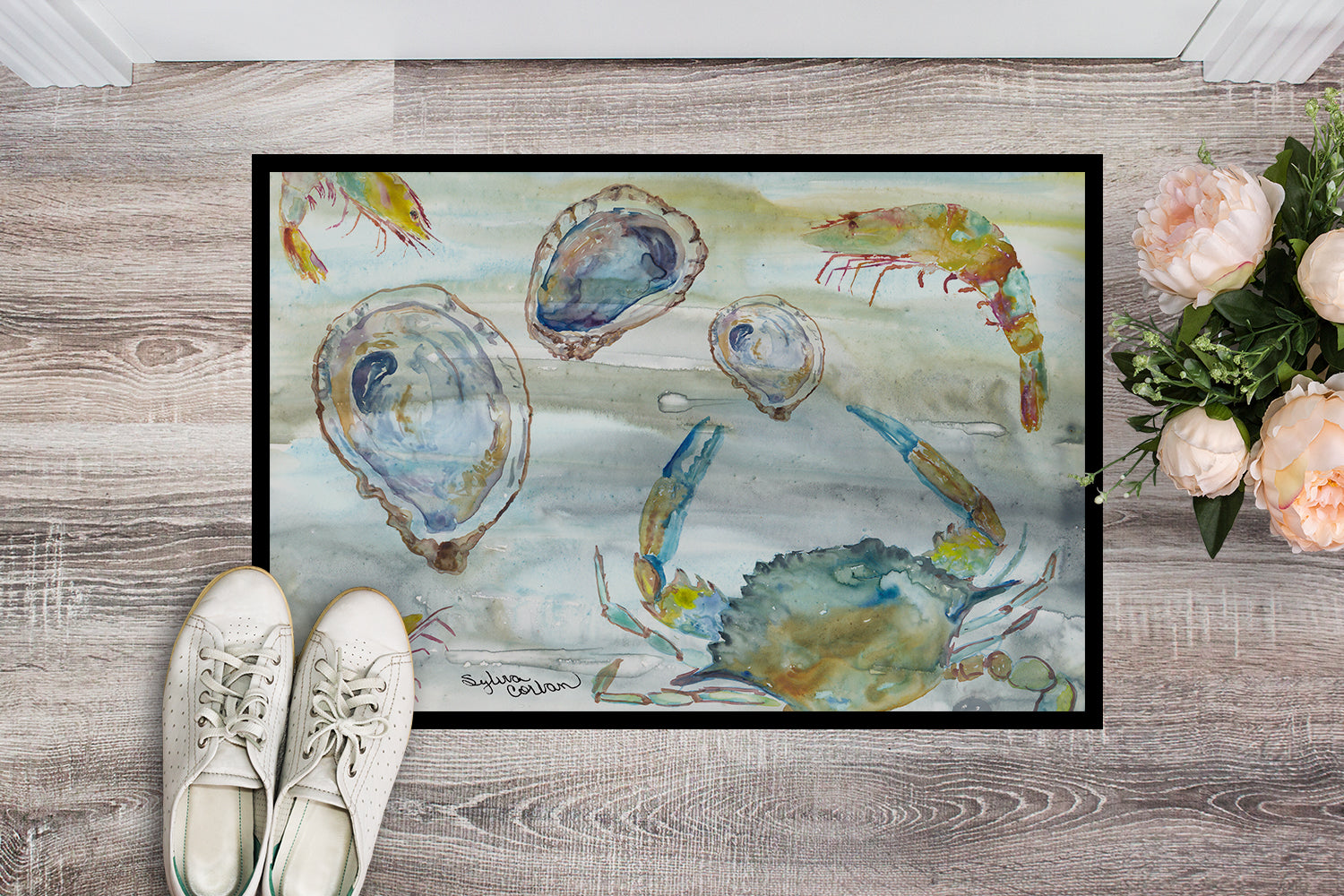 Crab, Shrimp and Oyster Watercolor Indoor or Outdoor Mat 18x27 SC2010MAT - the-store.com