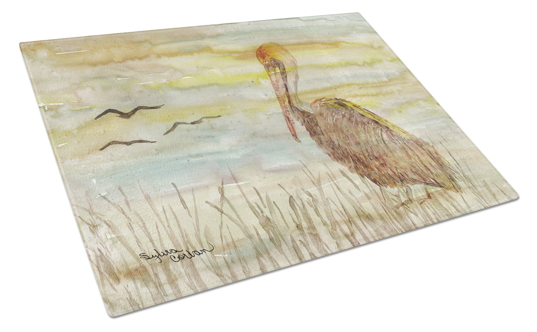 Brown Pelican Yellow Sky Glass Cutting Board Large SC2025LCB by Caroline's Treasures