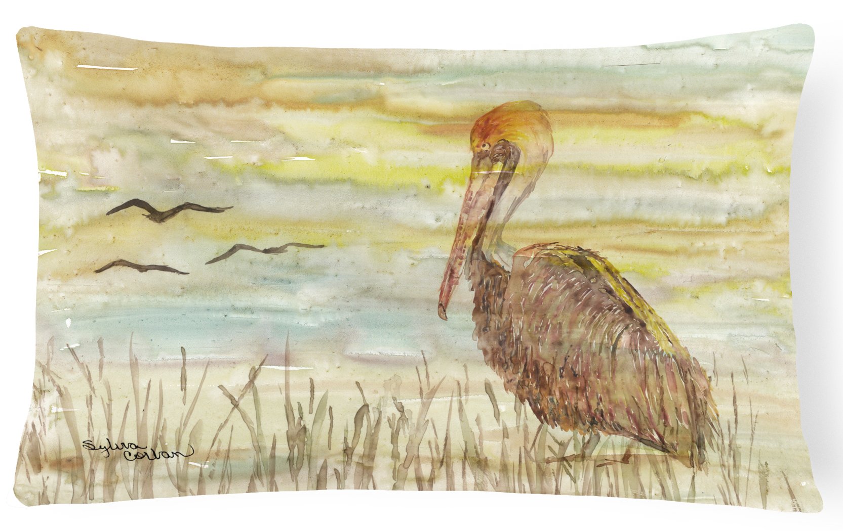 Brown Pelican Yellow Sky Canvas Fabric Decorative Pillow SC2025PW1216 by Caroline's Treasures