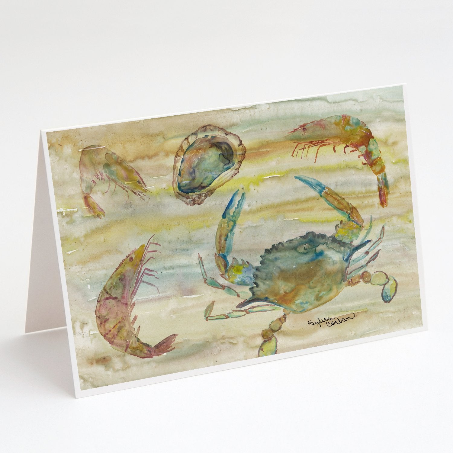 Buy this Crab, Shrimp, Oyster Yellow Sky Greeting Cards and Envelopes Pack of 8