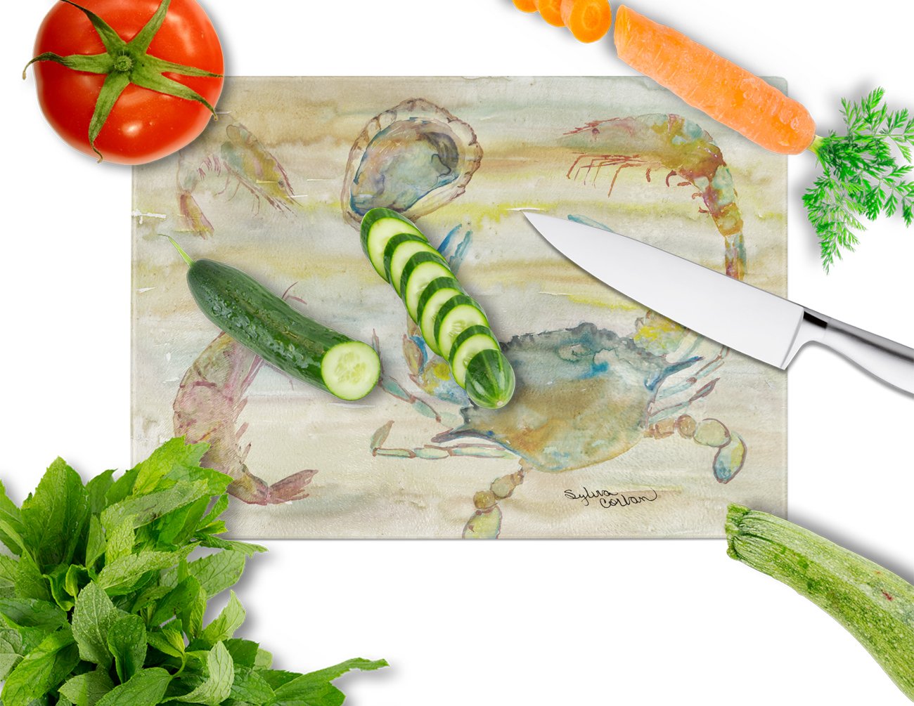 Crab, Shrimp, Oyster Yellow Sky Glass Cutting Board Large SC2026LCB by Caroline's Treasures