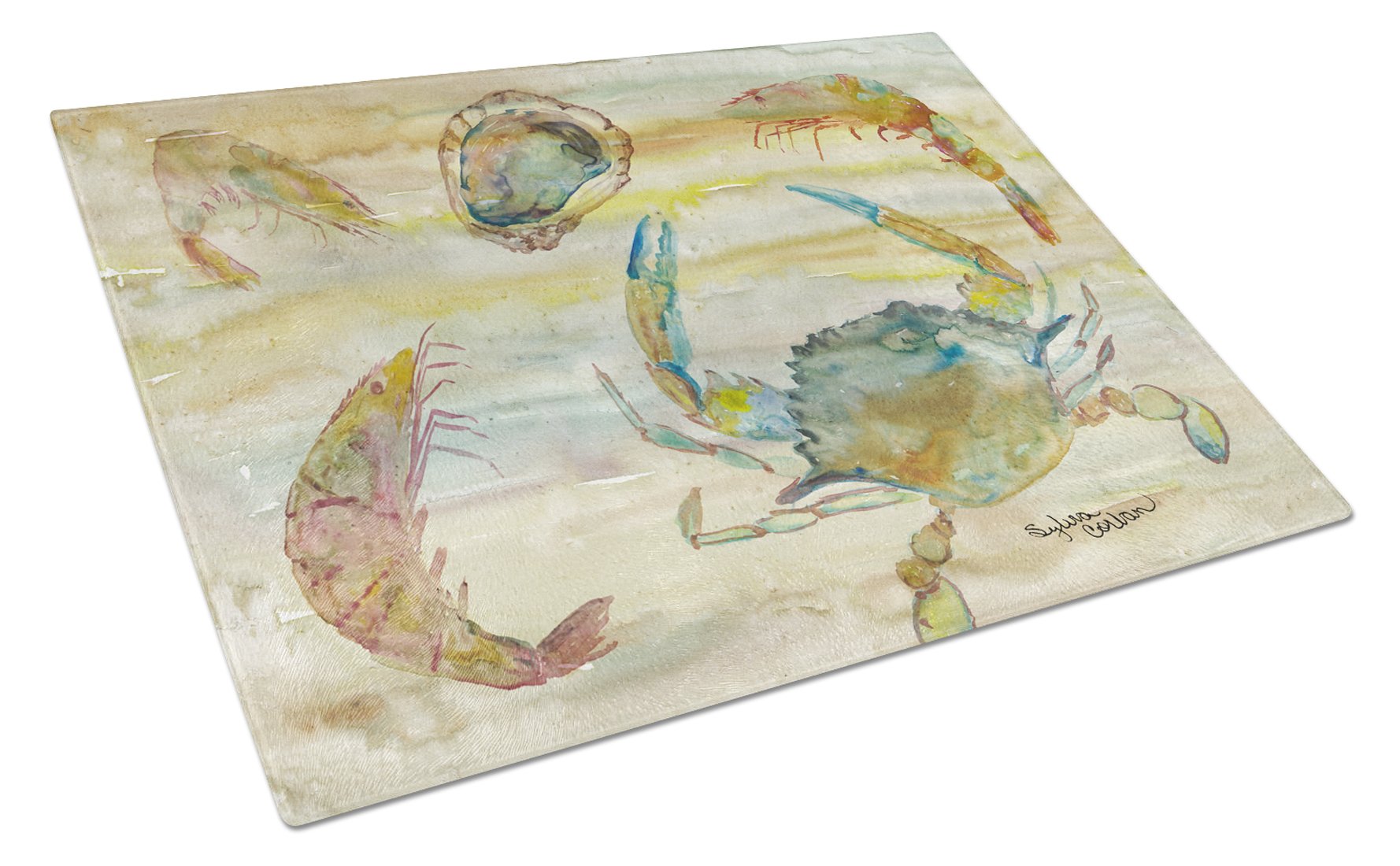 Crab, Shrimp, Oyster Yellow Sky Glass Cutting Board Large SC2026LCB by Caroline's Treasures