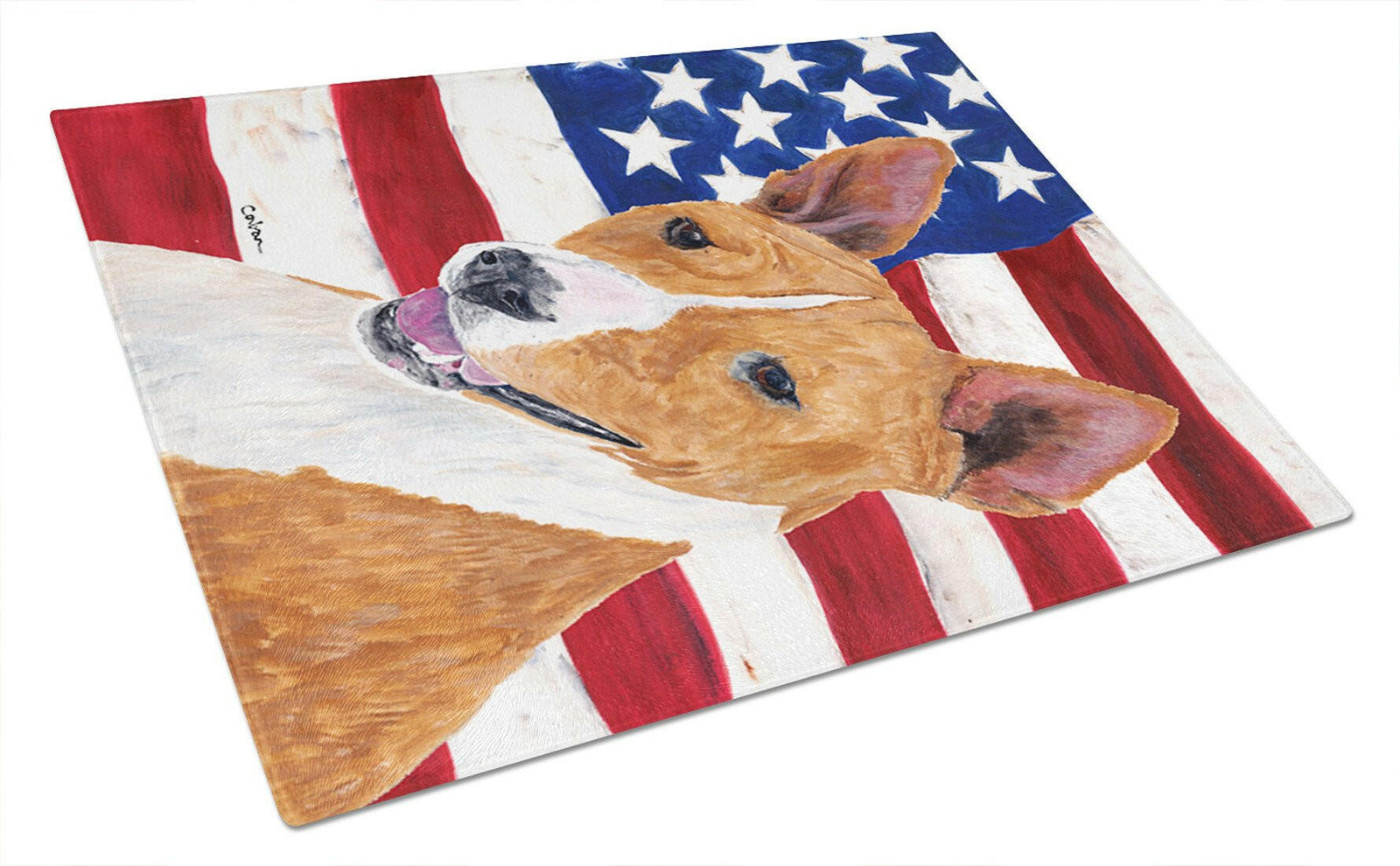 USA American Flag with Basenji Glass Cutting Board Large by Caroline's Treasures