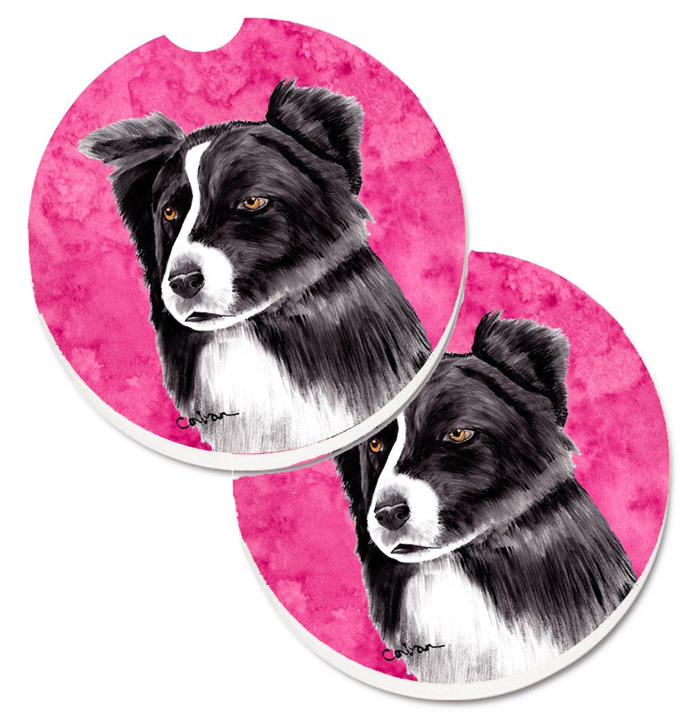 Pink Border Collie Set of 2 Cup Holder Car Coasters SC9138PKCARC by Caroline's Treasures