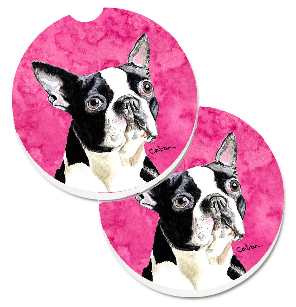 Pink Boston Terrier Set of 2 Cup Holder Car Coasters SC9140PKCARC by Caroline&#39;s Treasures