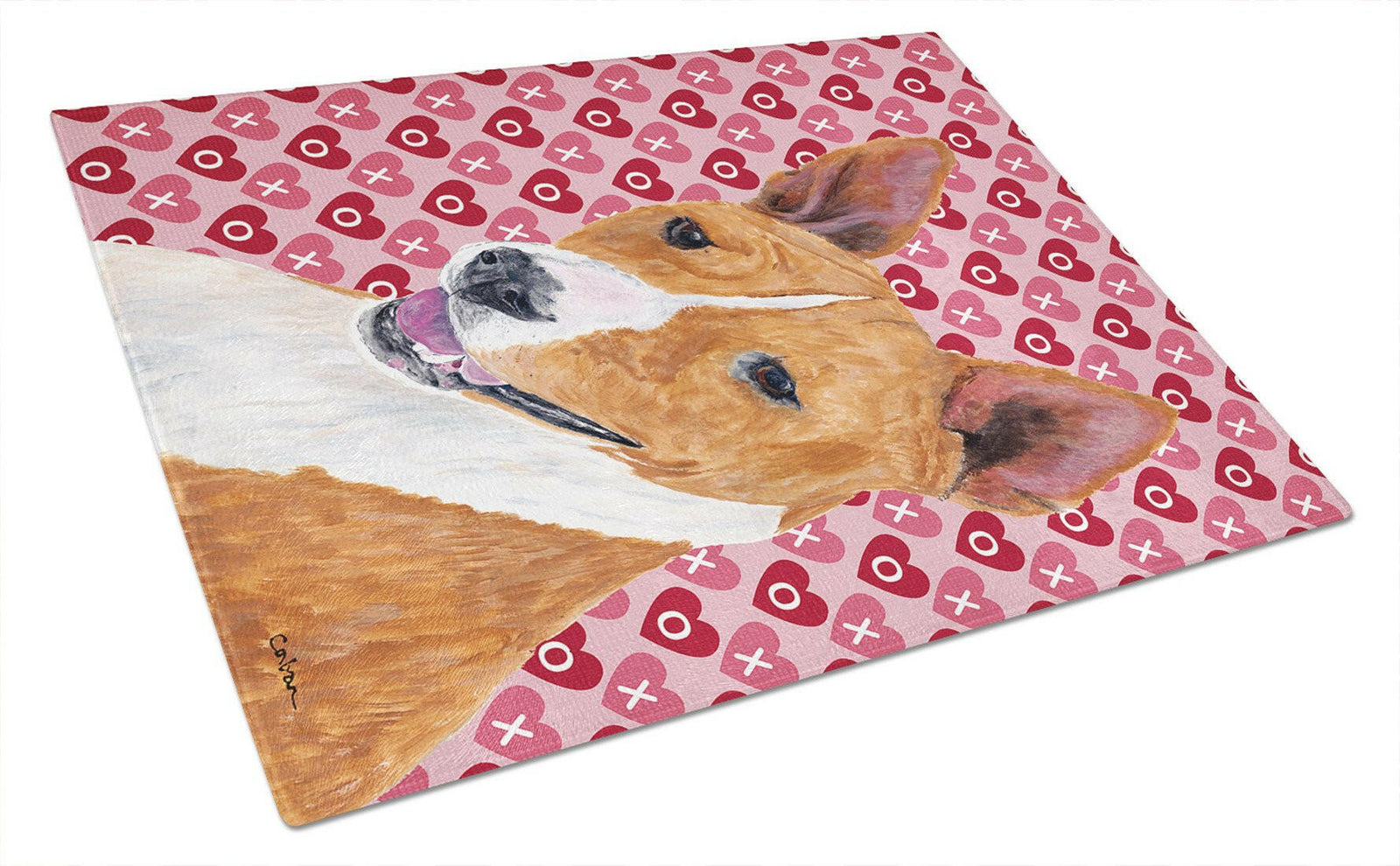Basenji Hearts Love and Valentine's Day Portrait Glass Cutting Board Large by Caroline's Treasures