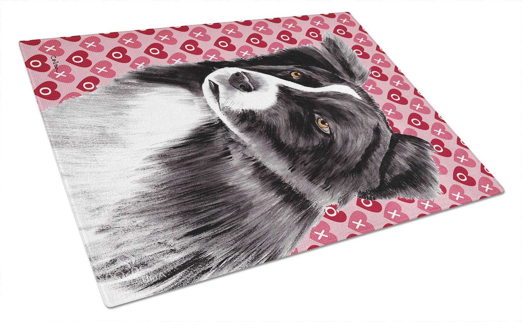 Border Collie Hearts Love and Valentine's Day Glass Cutting Board Large by Caroline's Treasures