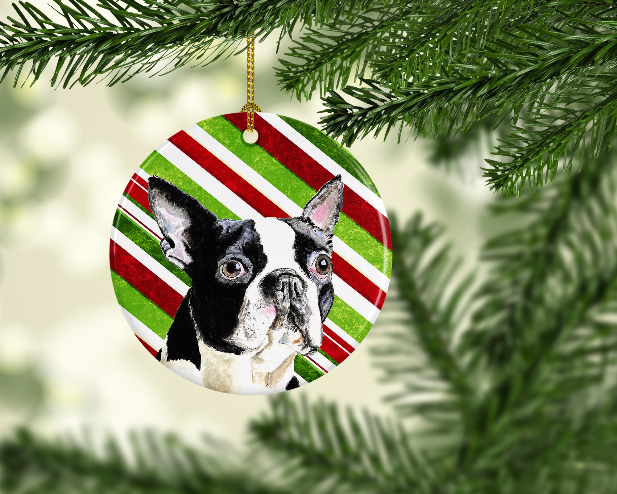 Boston Terrier Candy Cane Holiday Christmas  Ceramic Ornament SC9320 - the-store.com