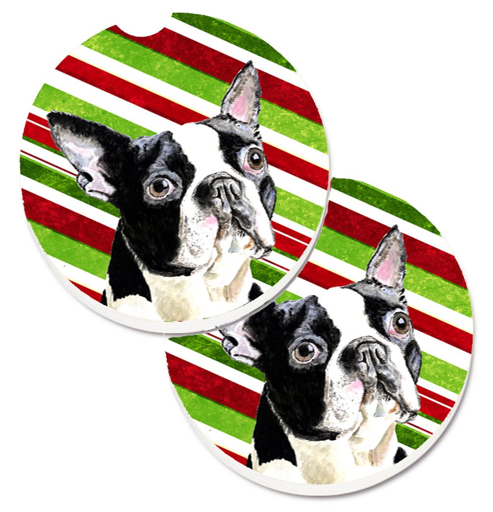 Boston Terrier Candy Cane Holiday Christmas Set of 2 Cup Holder Car Coasters SC9320CARC by Caroline&#39;s Treasures