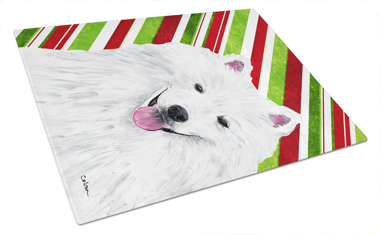 American Eskimo Candy Cane Holiday Christmas Glass Cutting Board Large by Caroline's Treasures