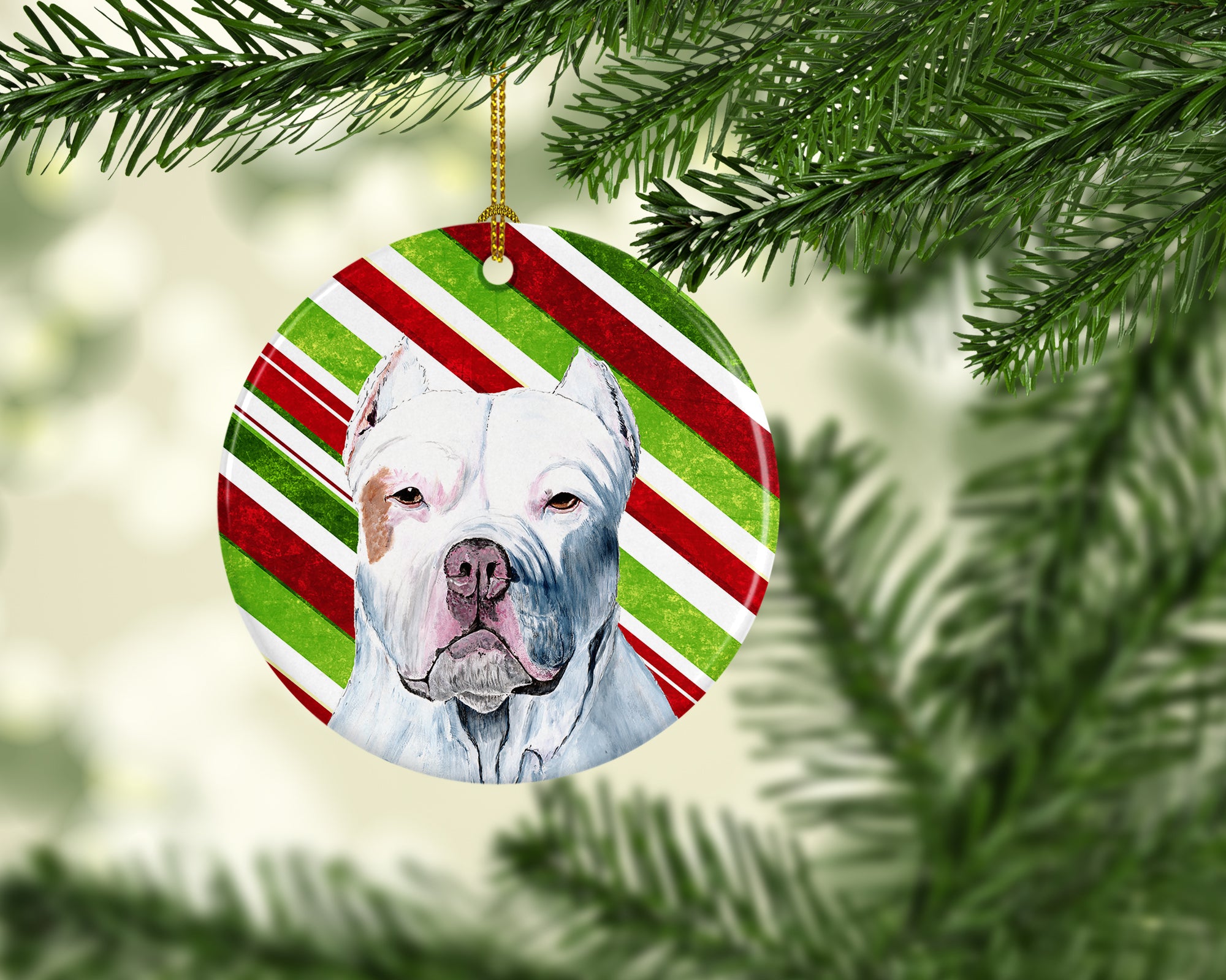 Pit Bull Candy Cane Holiday Christmas  Ceramic Ornament SC9341 - the-store.com