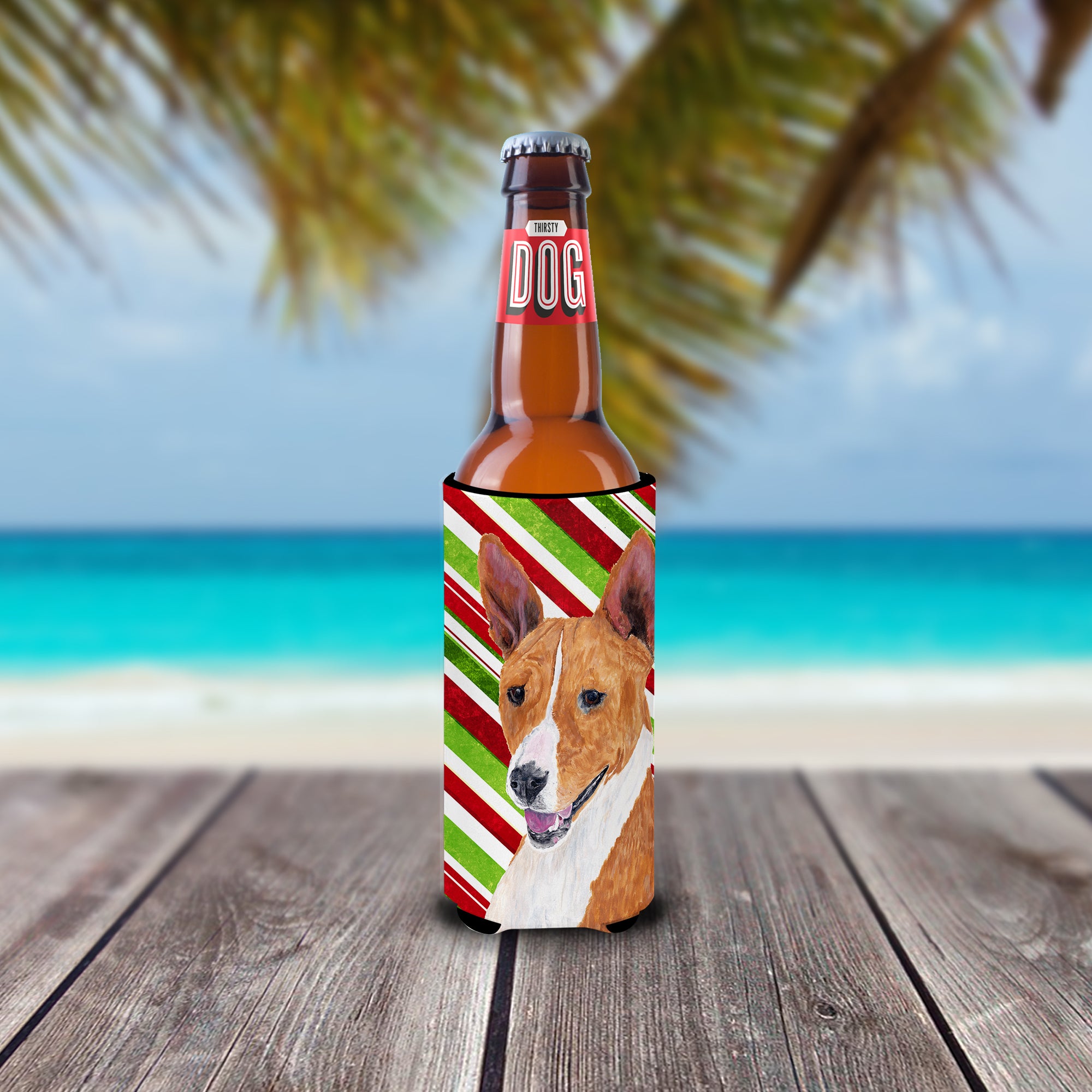 Basenji Candy Cane Holiday Christmas Ultra Beverage Insulators for slim cans SC9347MUK