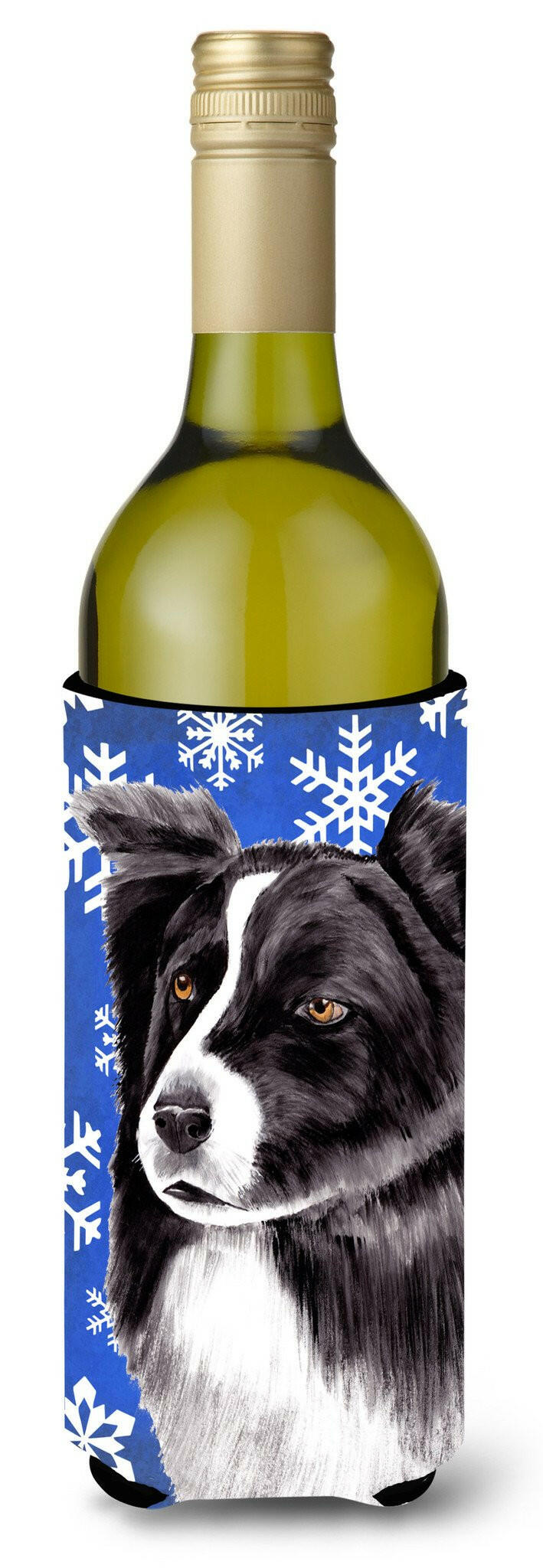 Border Collie Winter Snowflakes Holiday Wine Bottle Beverage Insulator Beverage Insulator Hugger by Caroline's Treasures