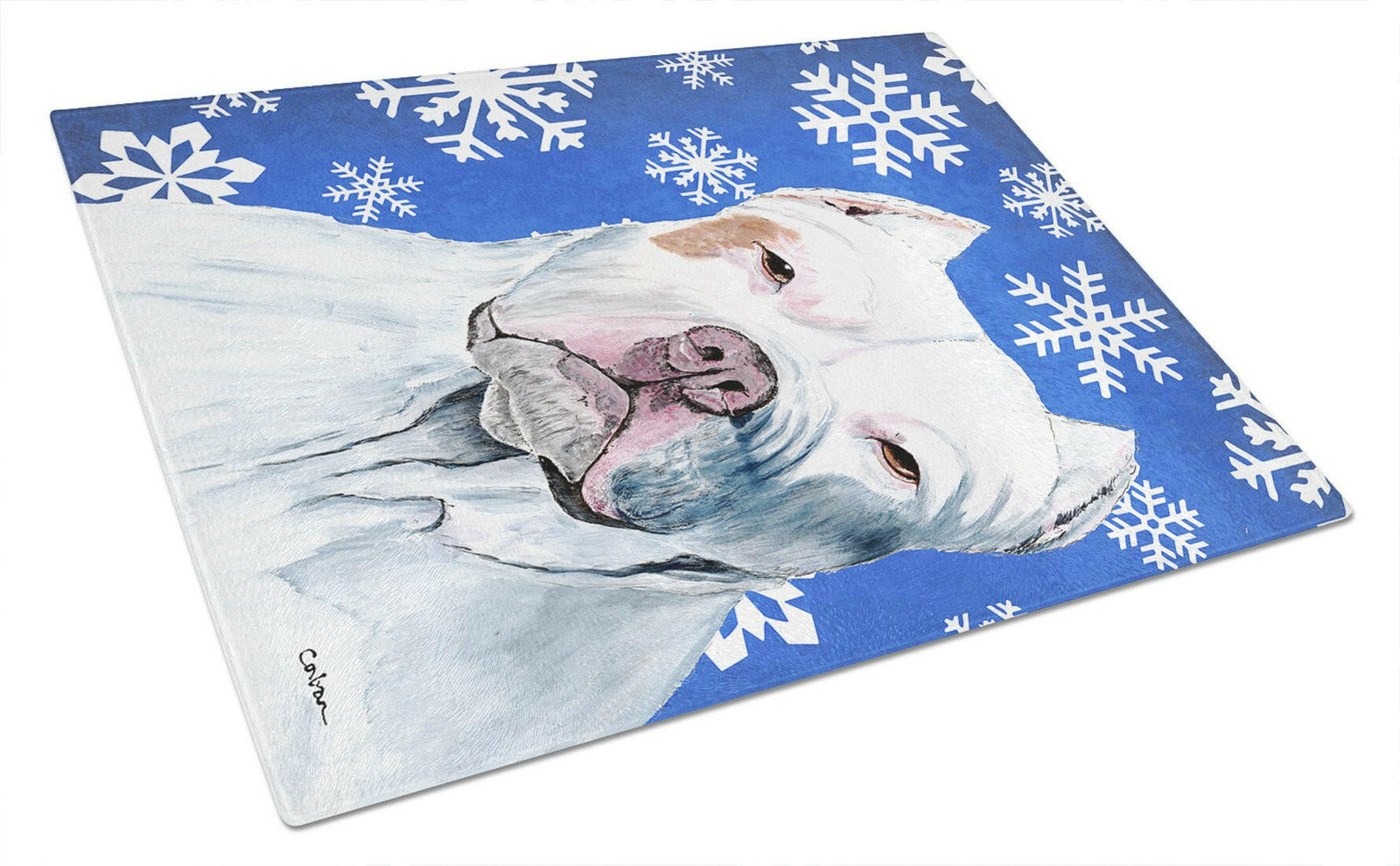 Pit Bull Winter Snowflakes Holiday Glass Cutting Board Large by Caroline's Treasures