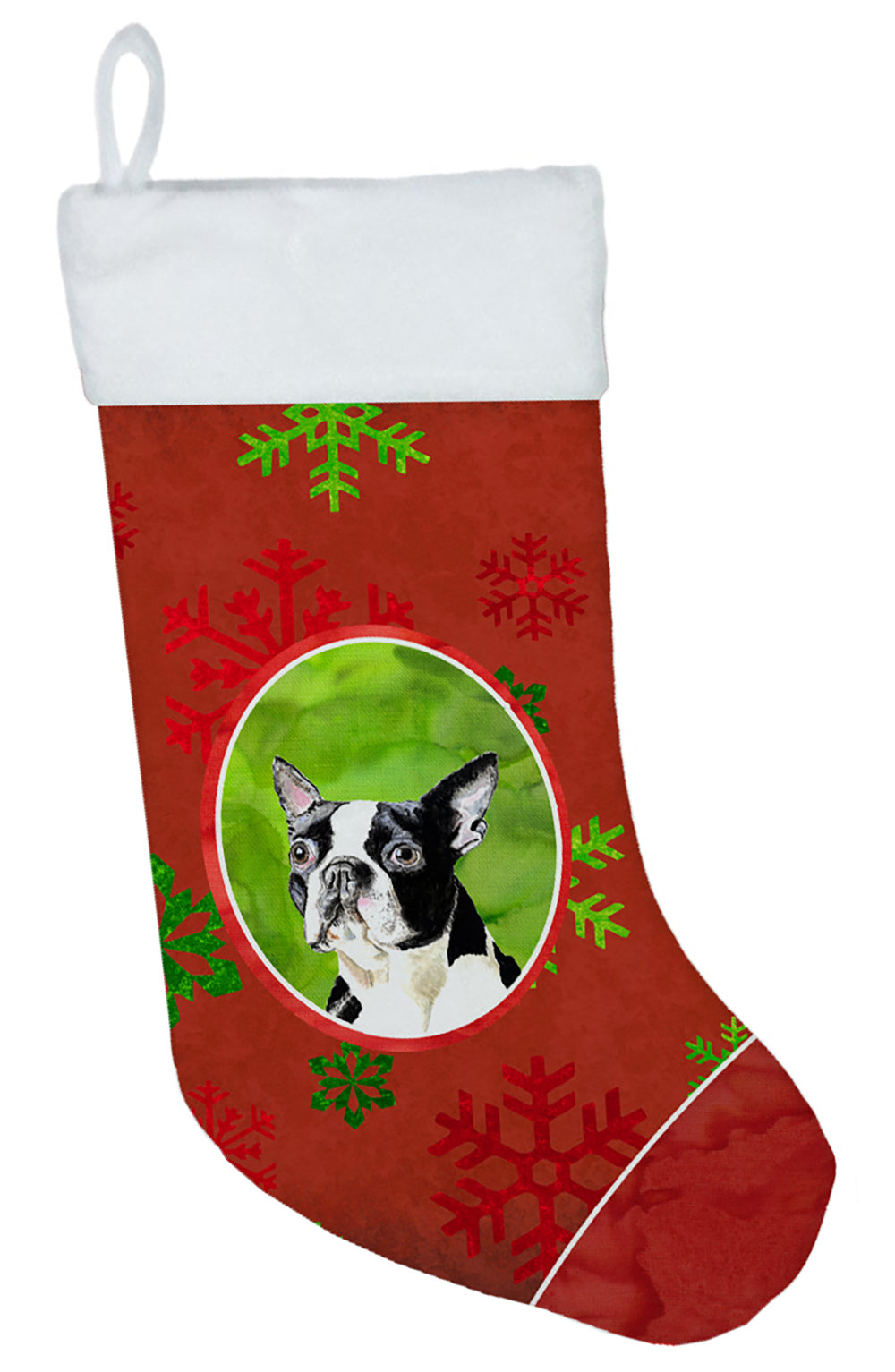 Boston Terrier Red and Green Snowflakes Holiday  Christmas Stocking