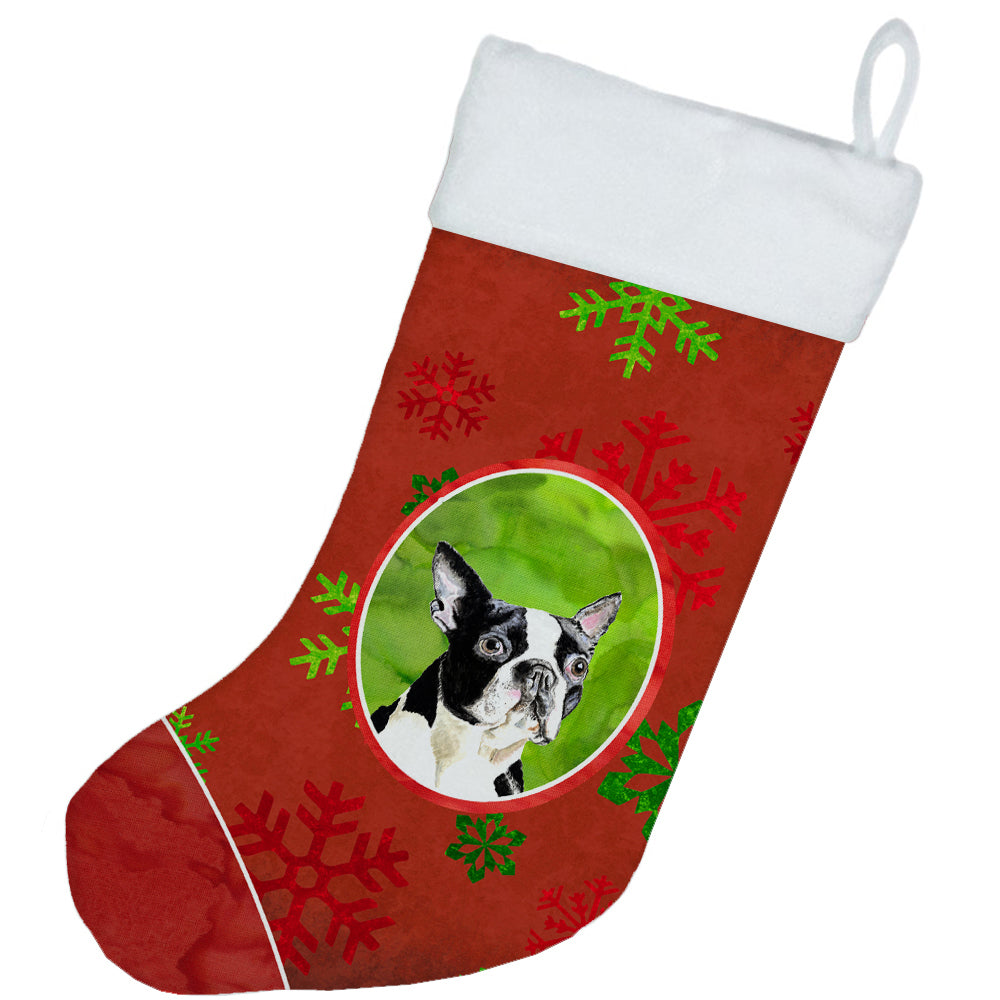 Boston Terrier Red and Green Snowflakes Holiday  Christmas Stocking