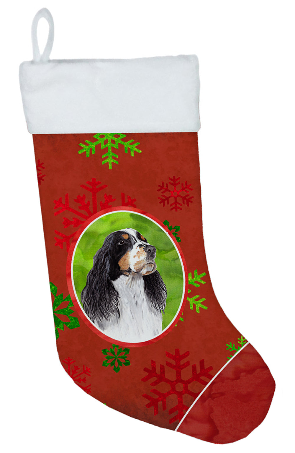 Springer Spaniel Red and Green Snowflakes Holiday  Christmas Stocking