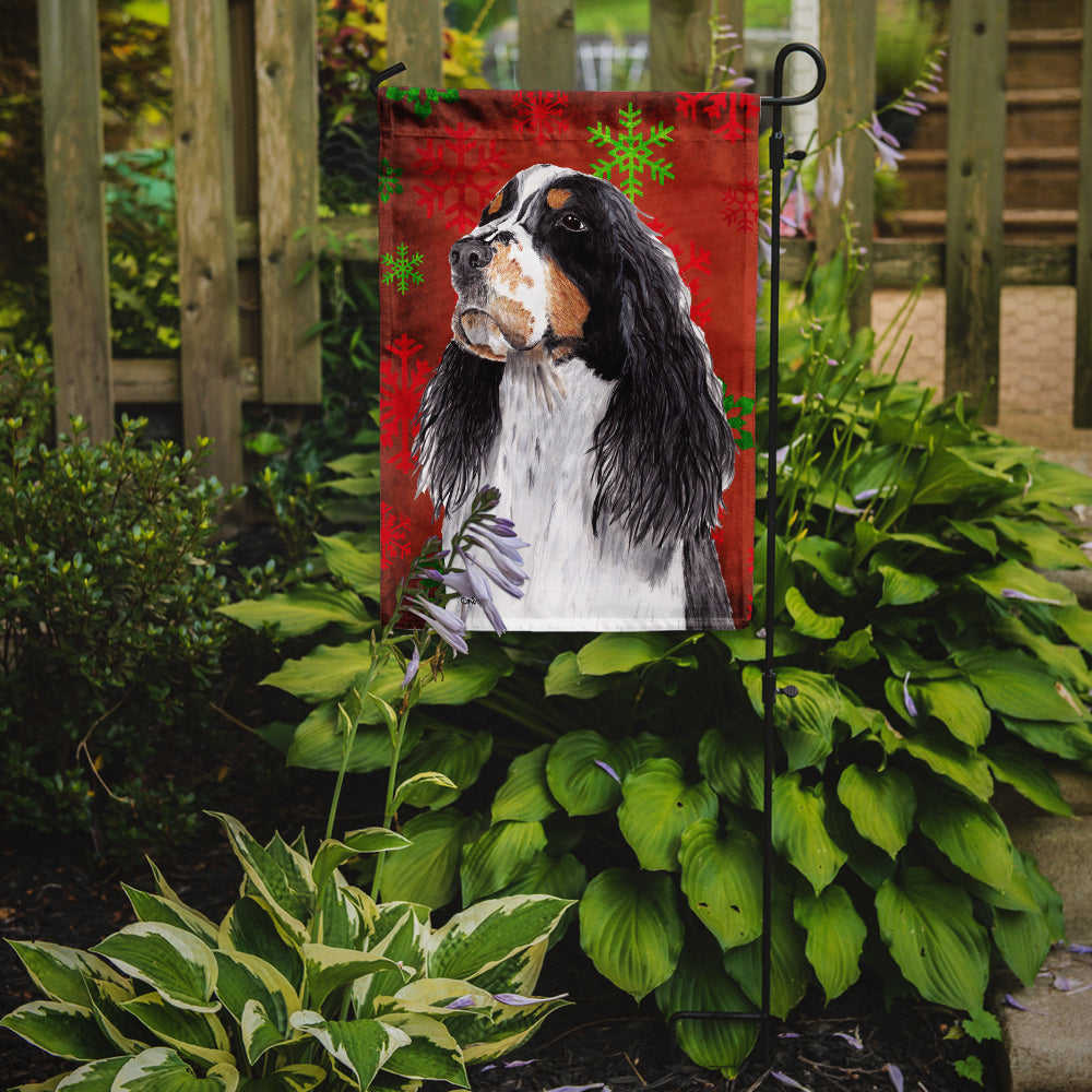 Springer Spaniel Red and Green Snowflakes Holiday Christmas Flag Garden Size.