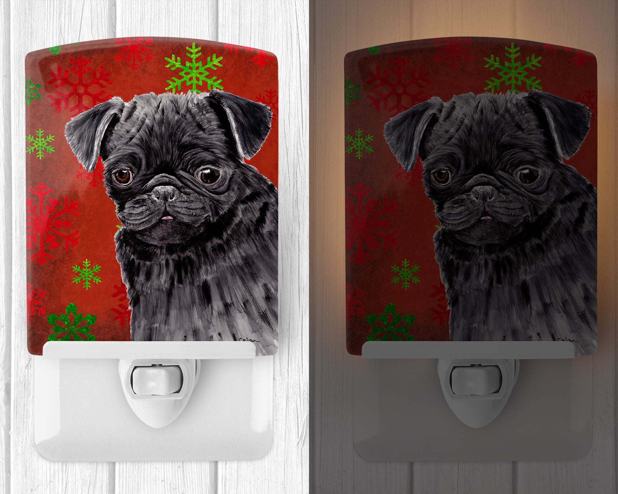 Pug Red and Green Snowflakes Holiday Christmas Ceramic Night Light SC9406CNL - the-store.com