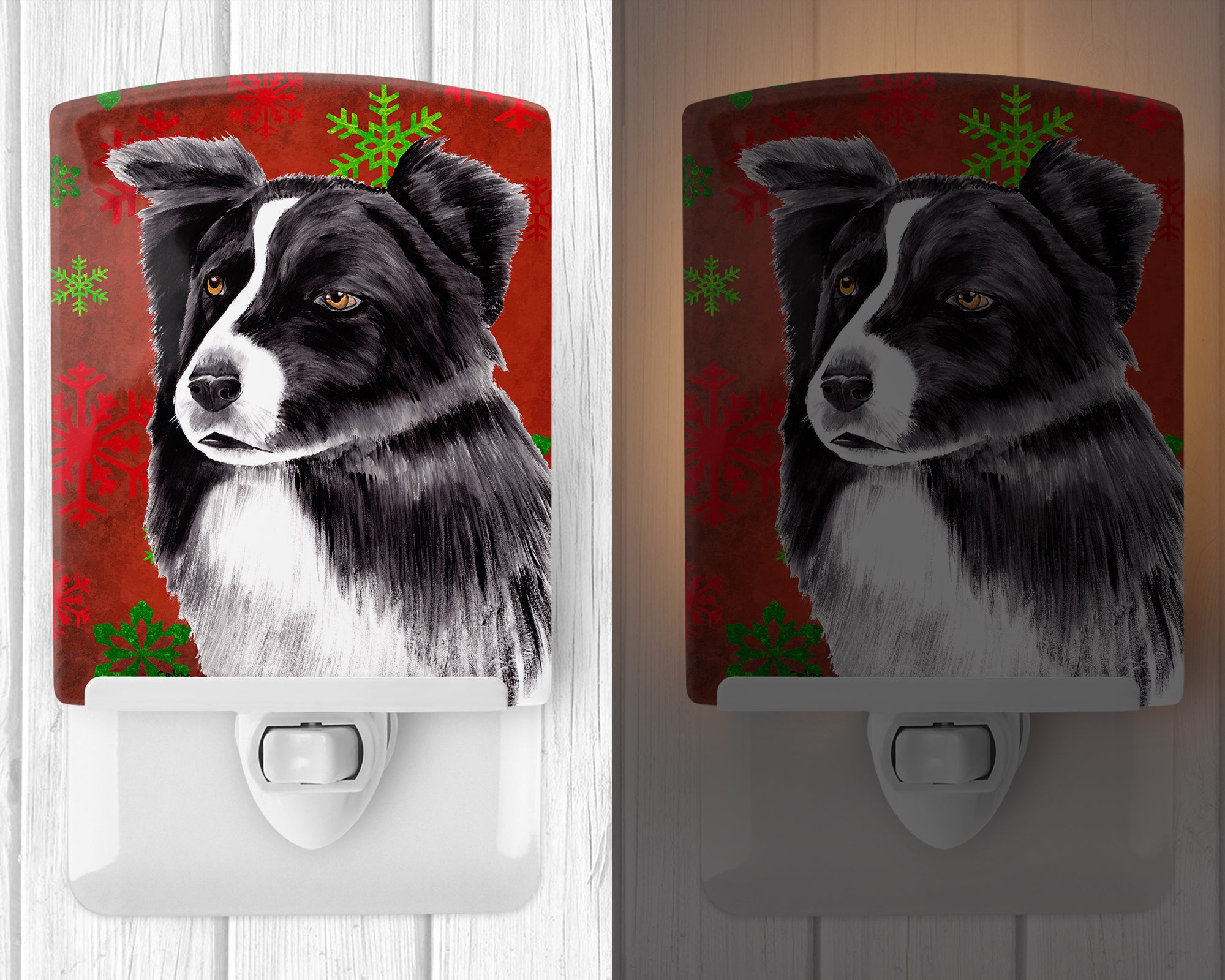 Border Collie Red and Green Snowflakes Holiday Christmas Ceramic Night Light SC9407CNL - the-store.com