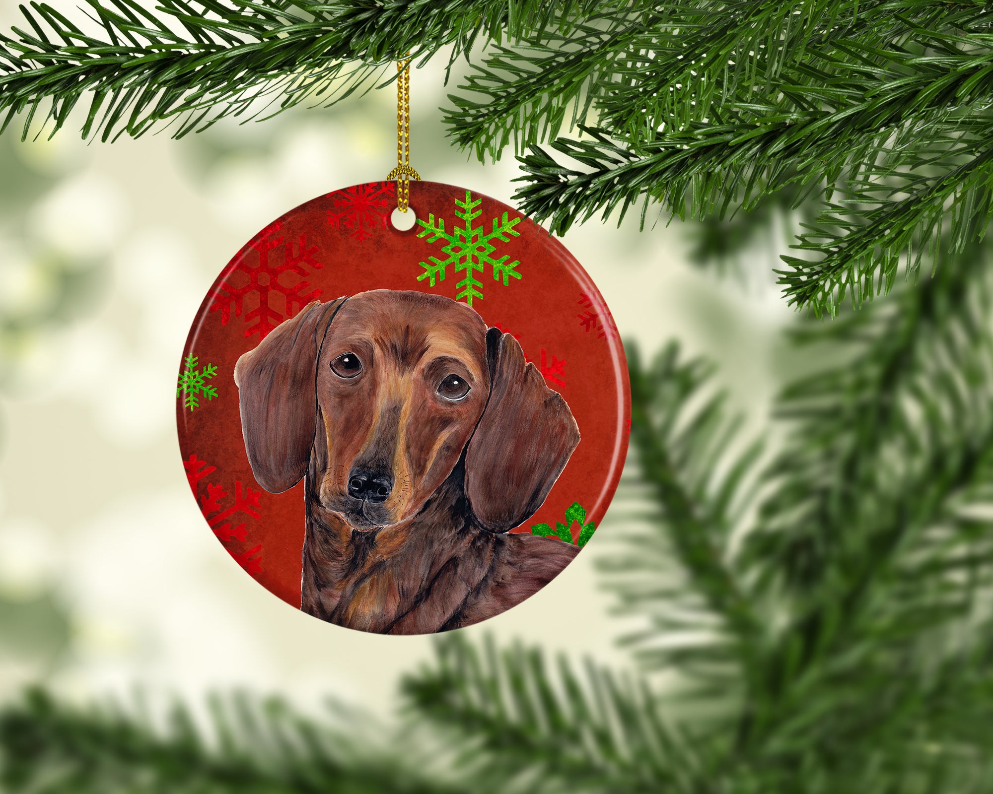 Dachshund Red Snowflakes Holiday Christmas Ceramic Ornament SC9408 - the-store.com