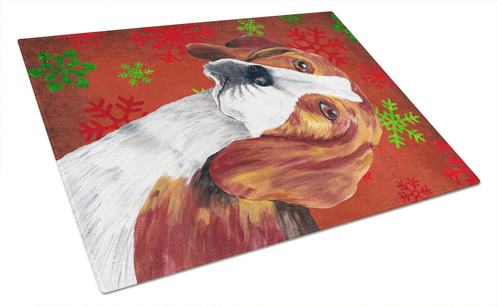 Beagle Red and Green Snowflakes Holiday Christmas Glass Cutting Board Large by Caroline's Treasures