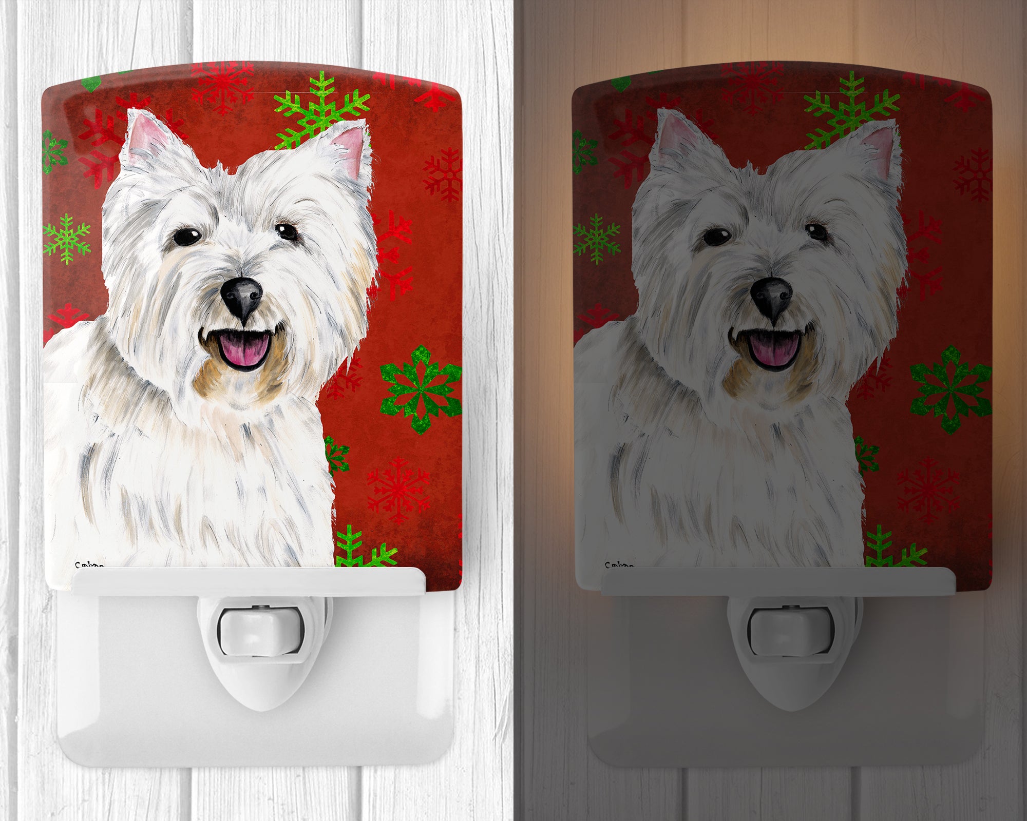 Westie Red and Green Snowflakes Holiday Christmas Ceramic Night Light SC9410CNL - the-store.com