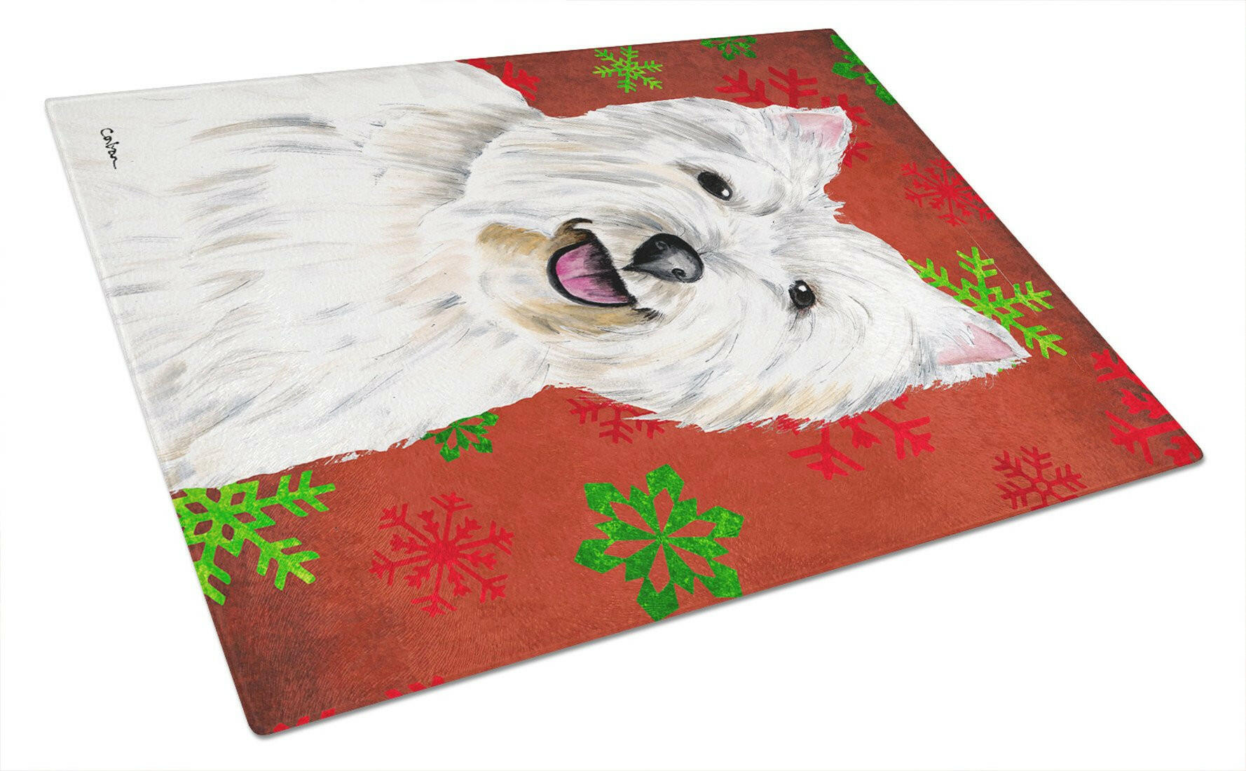 Westie Red Green Snowflakes Christmas Glass Cutting Board Large by Caroline's Treasures