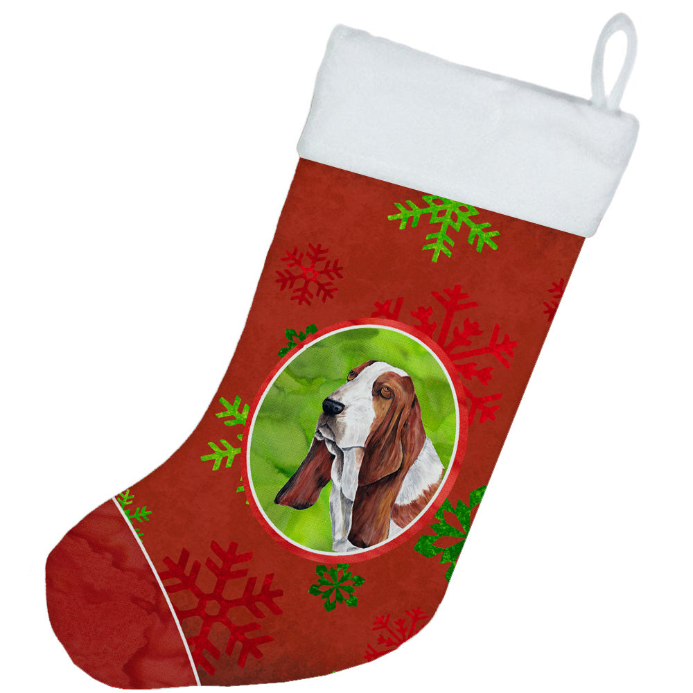 Basset Hound Red and Green Snowflakes Holiday  Christmas Stocking