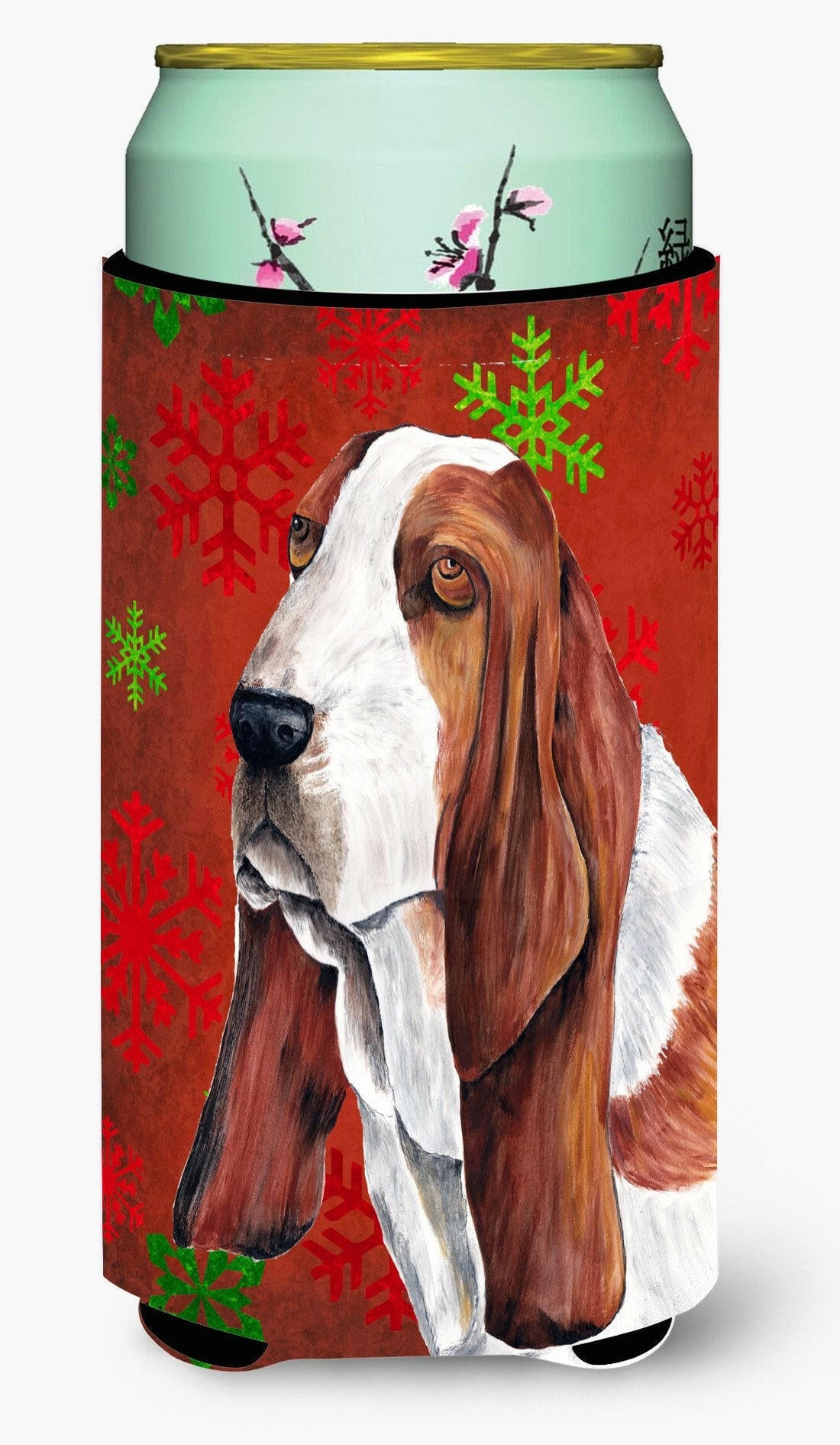 Basset Hound Red and Green Snowflakes Holiday Christmas  Tall Boy Beverage Insulator Beverage Insulator Hugger by Caroline's Treasures