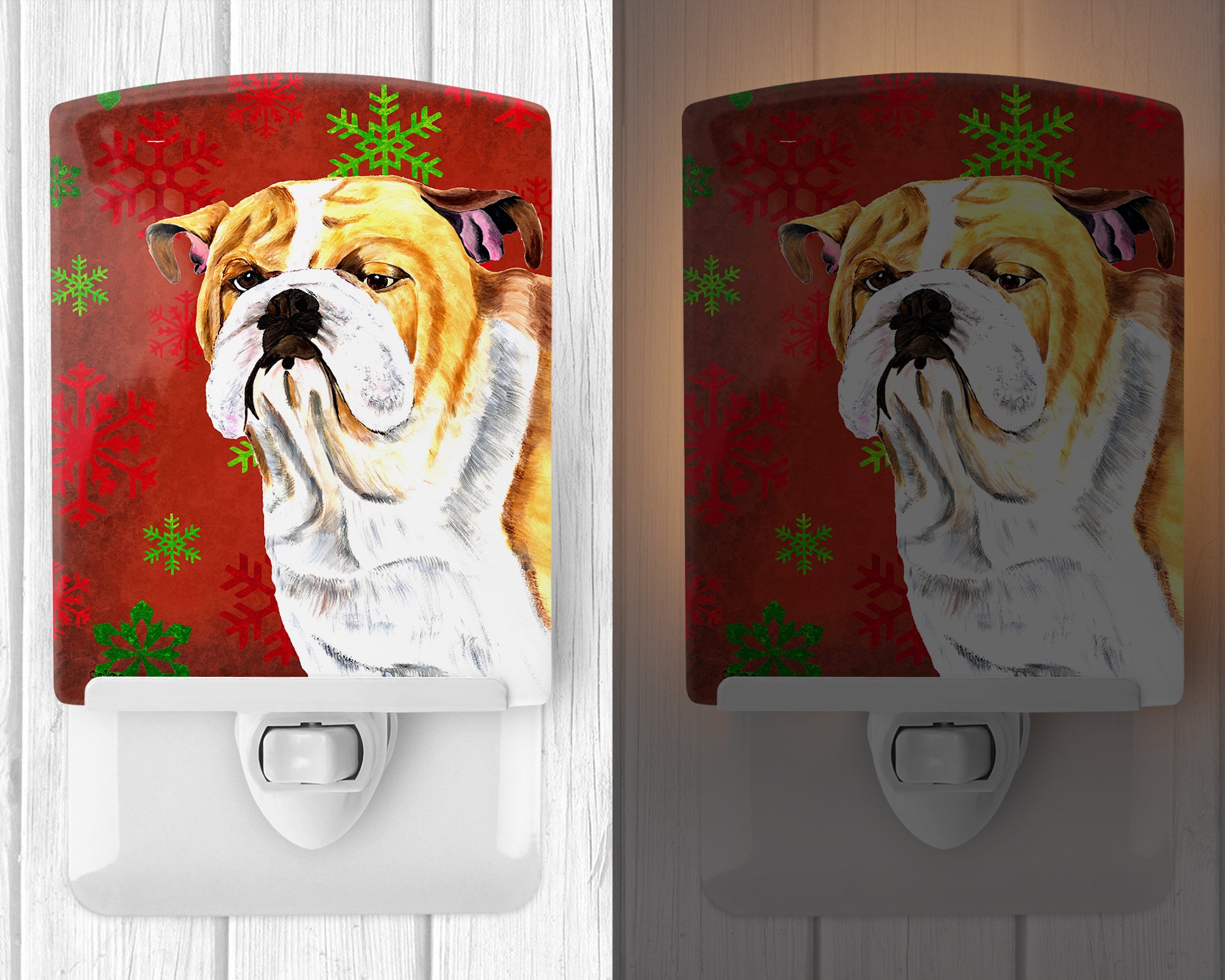 Bulldog English Red and Green Snowflakes Holiday Christmas Ceramic Night Light SC9414CNL - the-store.com
