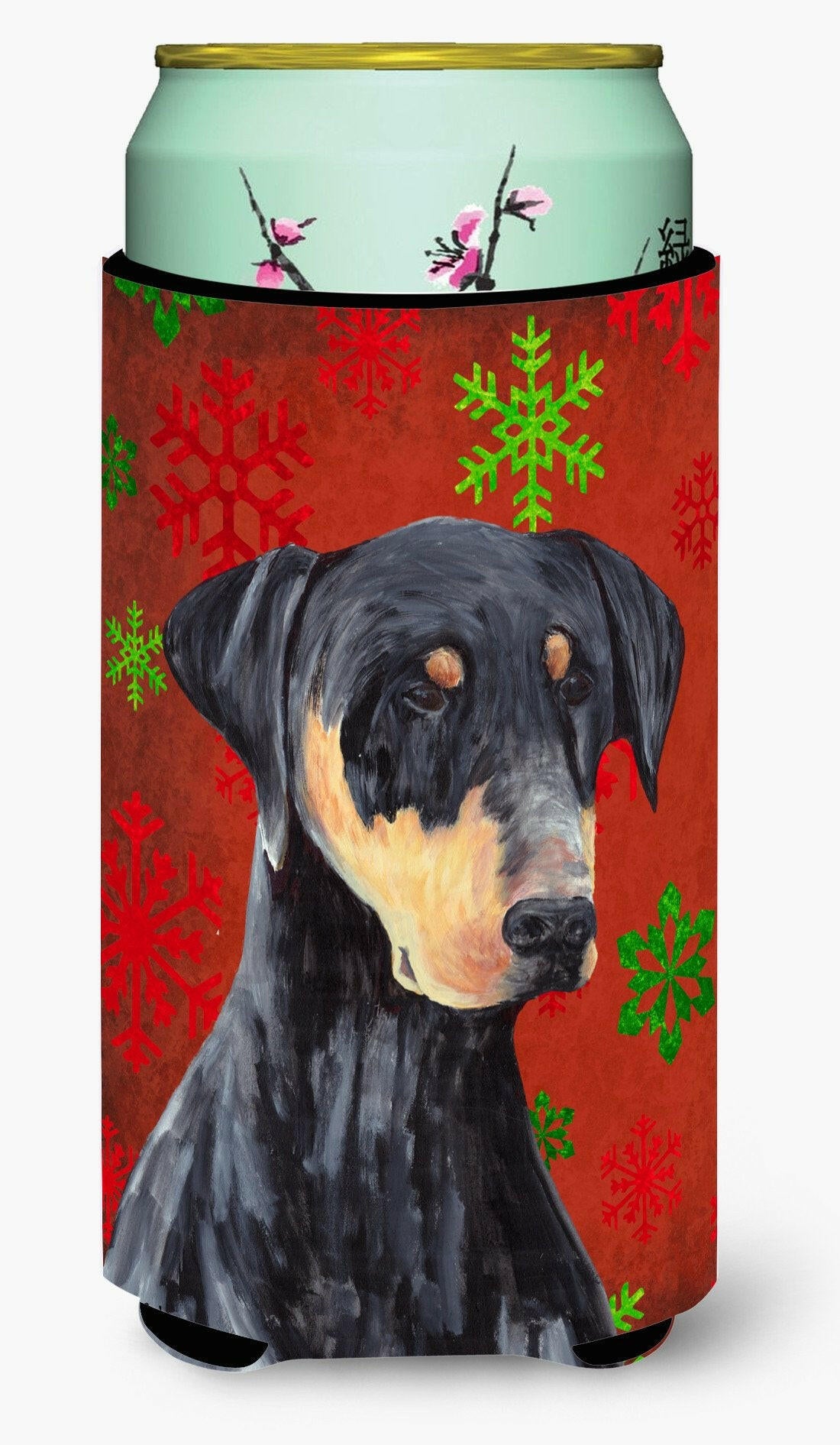 Doberman Red and Green Snowflakes Holiday Christmas  Tall Boy Beverage Insulator Beverage Insulator Hugger by Caroline's Treasures
