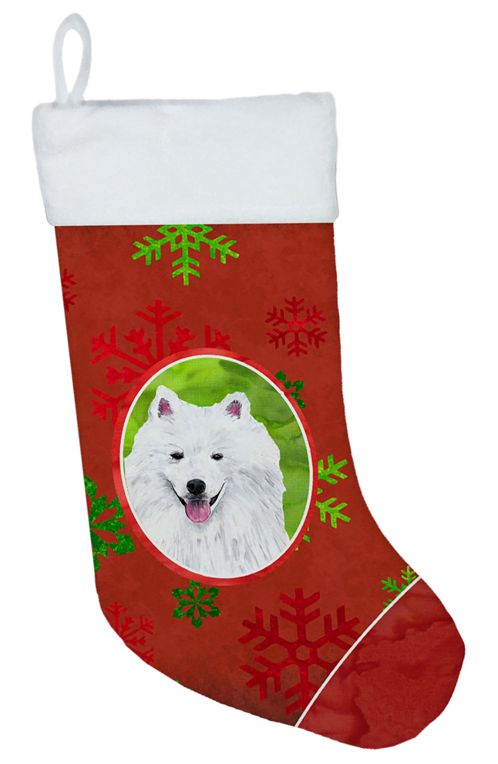 American Eskimo Red and Green Snowflakes Holiday  Christmas Stocking